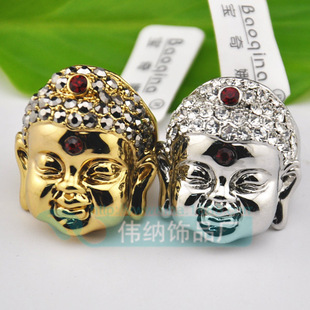 y4910 外贸宗教款式如来佛祖头像镶钻吉祥戒指 18k白金佛头饰品