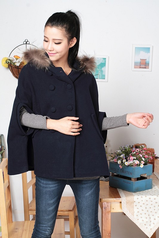 2013新款秋装韩版冬女装毛领斗篷毛呢外套羊