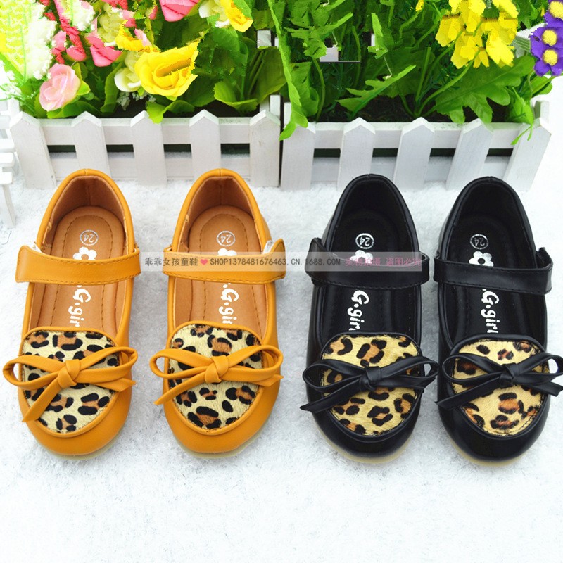 儿童单鞋批发2014韩版豹纹面蝴蝶结女童皮鞋单鞋公主鞋24-34