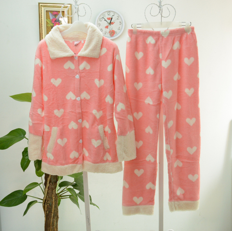 <em>女士</em>珊瑚绒<em>睡衣</em> 家居服套装 纽扣<em>开衫翻领睡衣</em>