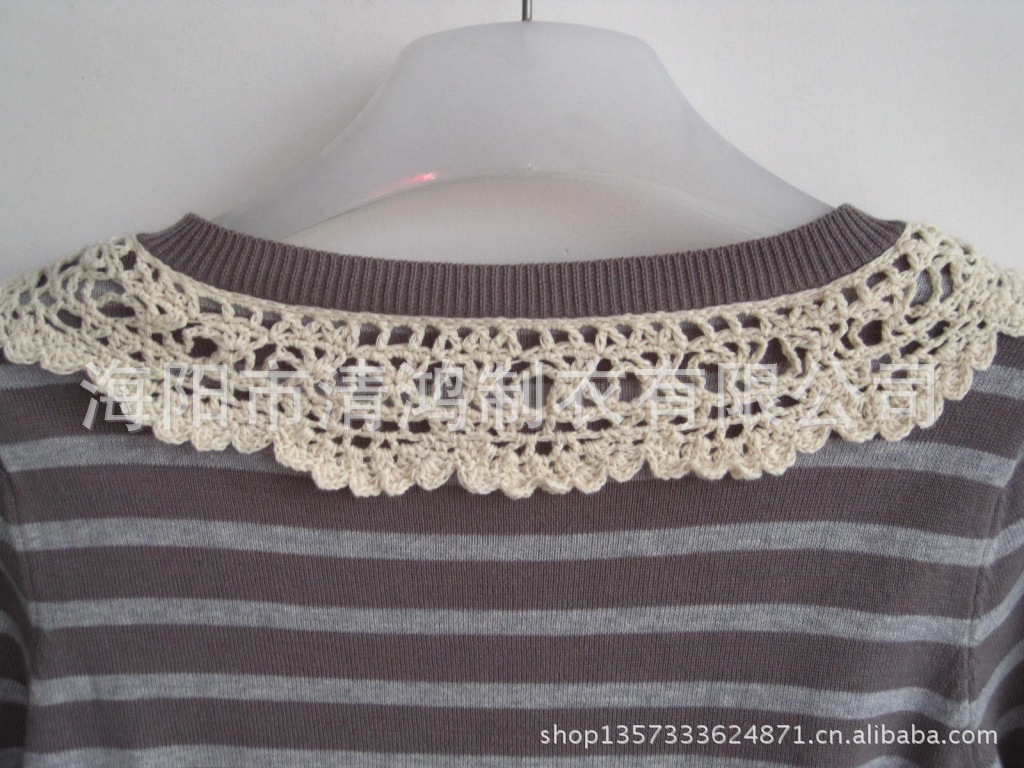 【手钩<em>花边领</em> 百搭<em>开衫</em>条纹毛衫 纯棉女装<em>毛衣</em>