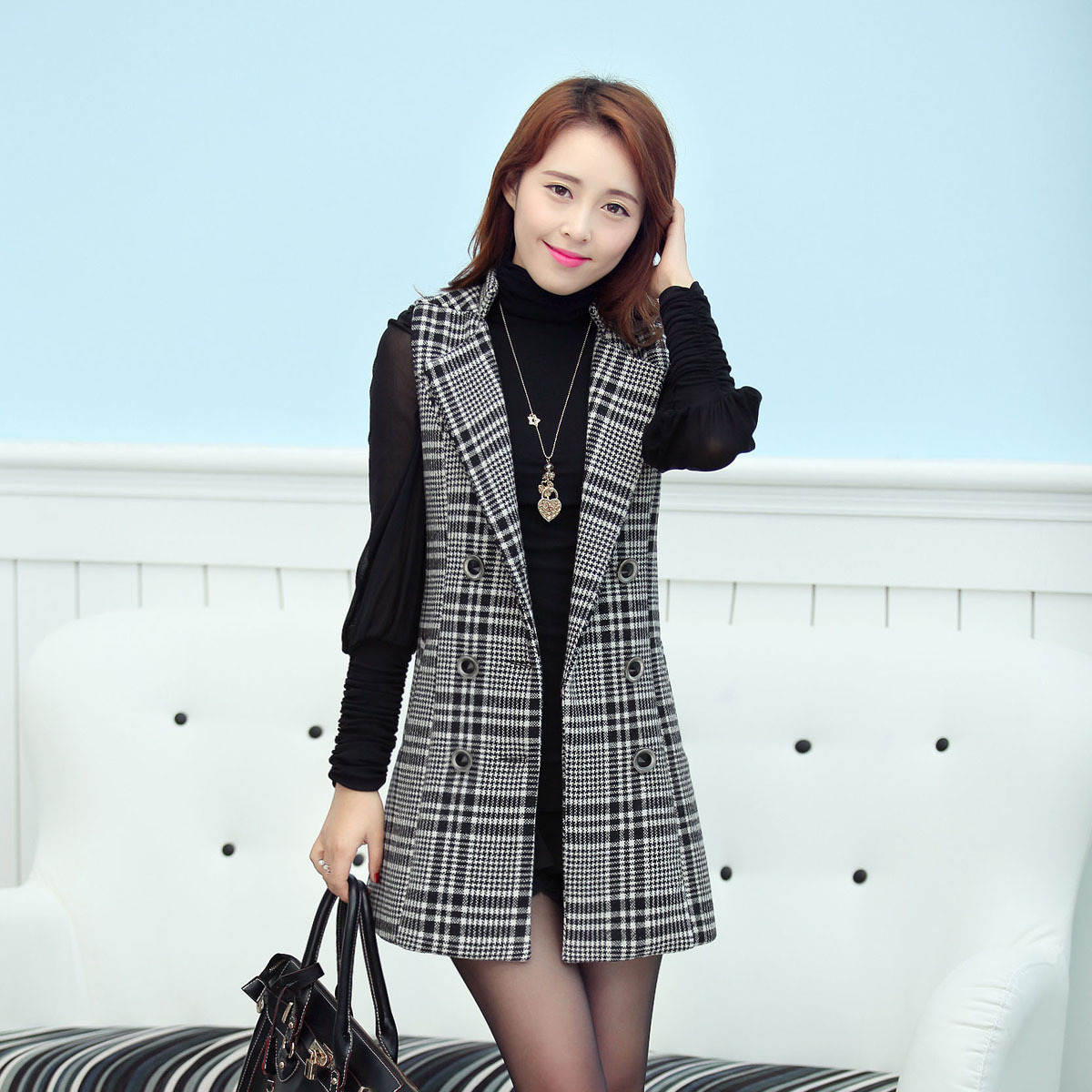 2013冬新款 韩版时尚西装领格子<em>中长款毛呢马</em>