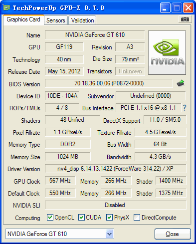 显卡gt610 1gb ddr2 64bit pci-e 独立显卡 半高小机箱