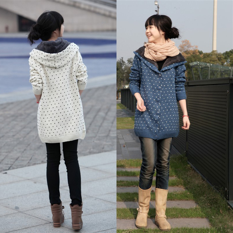 版宽松大码中长款加厚保暖加绒<em>开衫连帽毛衣</em>外