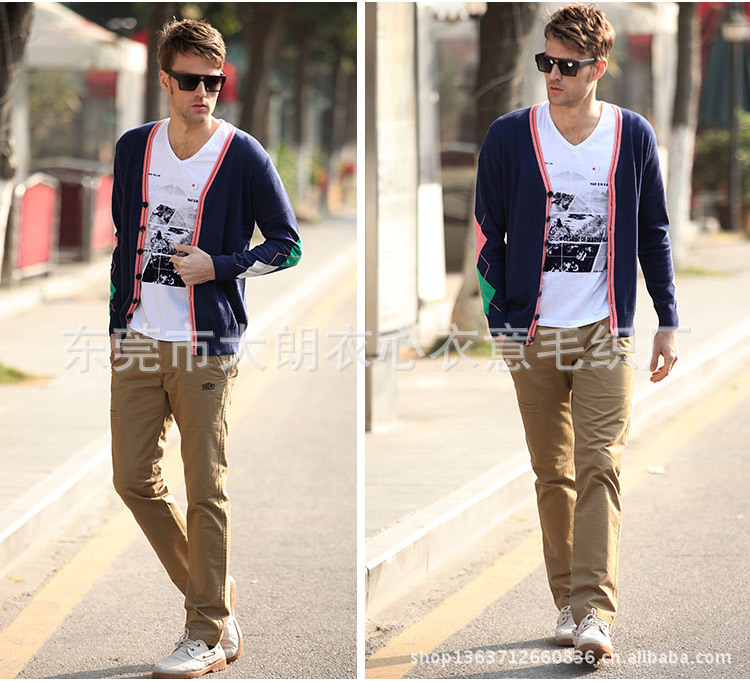 【2013新品英伦<em>针织衫男V领</em>长袖<em>开衫</em>毛衣】价