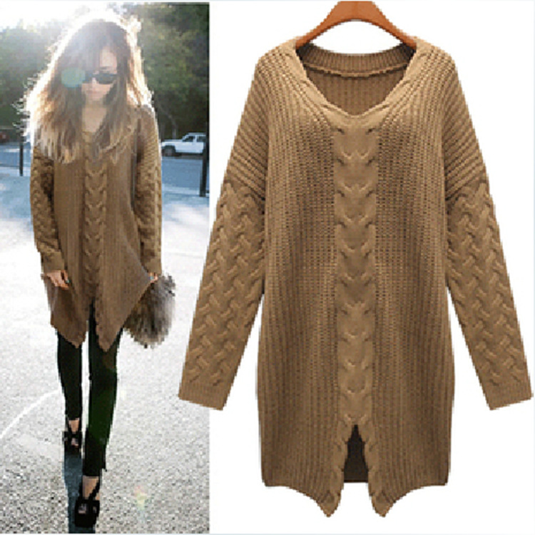 韩版女装冬装专柜款中长款麻花<em>编织</em>开叉<em>毛衣</em>女