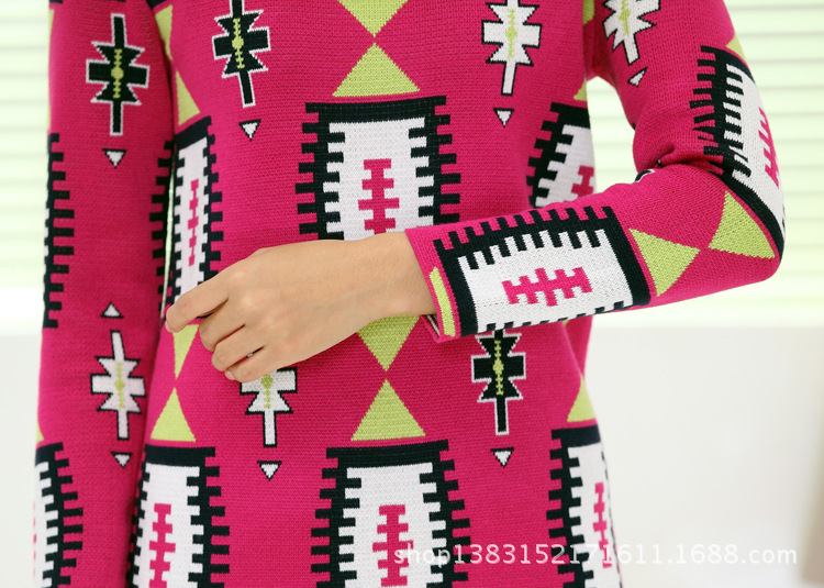 季新款波西米亚风格中长款提花几何宽松<em>毛衣</em>针