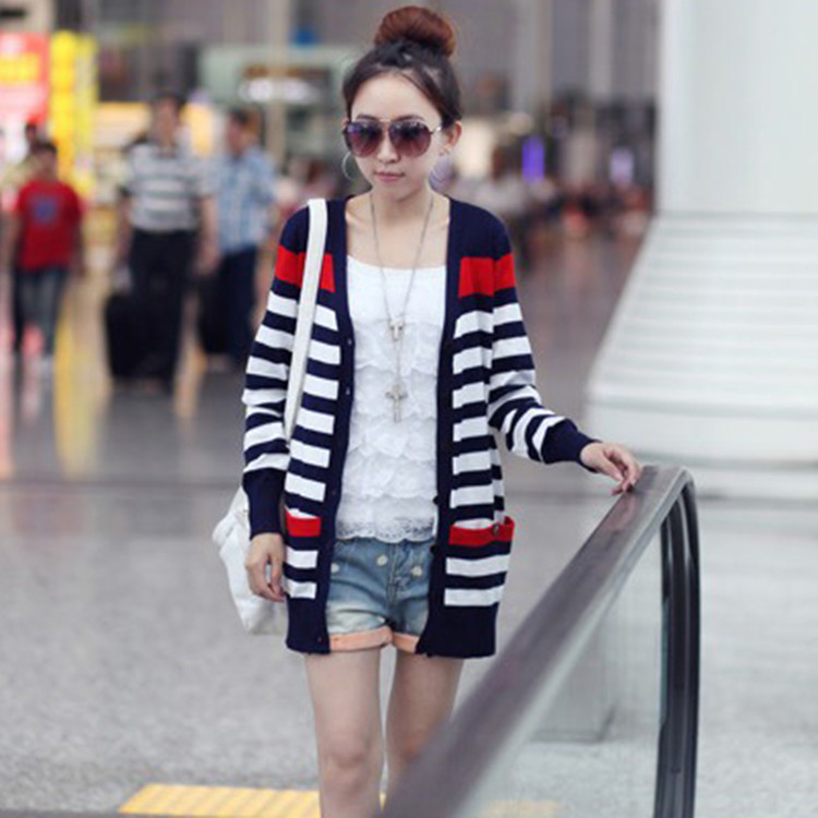 【<em>新款</em>加长条纹<em>开衫 新款上市</em> 修身长款<em>女式</em>针