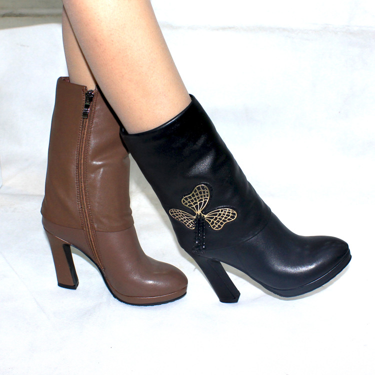 单靴-<em>美邑</em>新款秋冬<em>女鞋</em> 欧美中筒靴 真皮厚底高