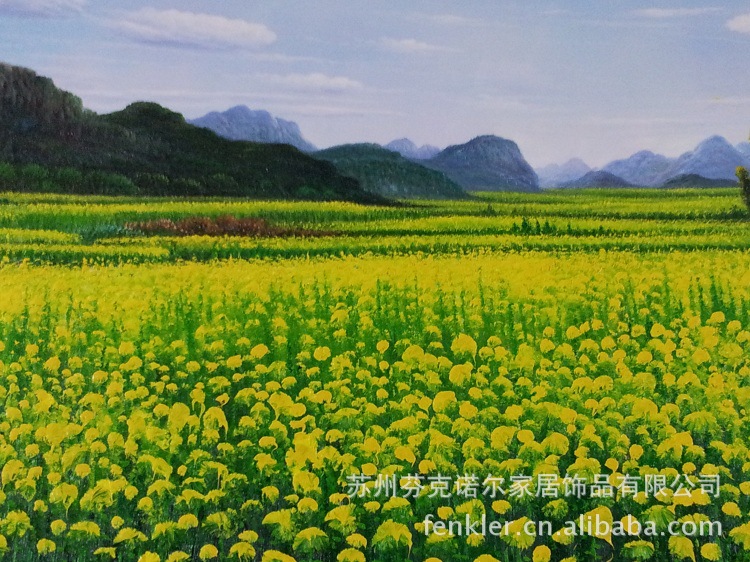 【新品实拍】纯手绘油画客厅装饰画别墅挂画精绘原野油菜花风景