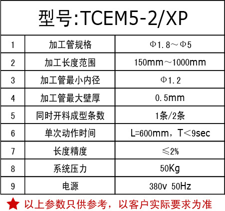 数控开料管端成型机表格