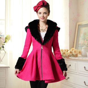 冬裝新款女裝收腰大擺裙 黑毛領連帽拉鏈羊毛呢子外套大衣 免運費