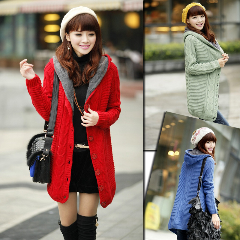 一件代发中<em>长款连帽</em>女式<em>针织</em>衫<em>开衫</em>羊羔毛毛衣