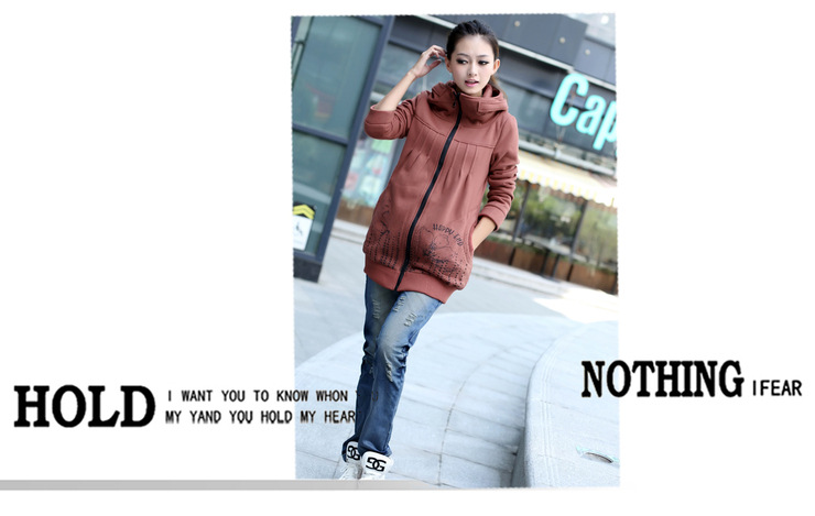 【拉链长袖连帽抓绒<em>单件</em>套<em>开衫中长款卫衣</em>印花