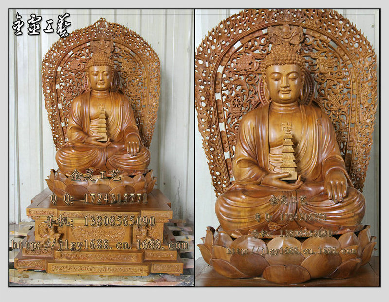 【金灵工艺】高档木雕佛像/樟木神像/纯手工雕刻三宝佛/三世佛
