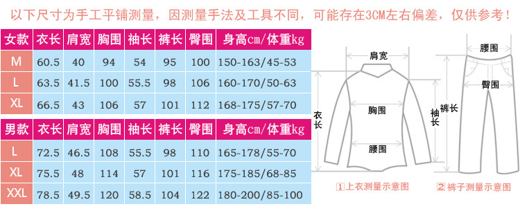 好福份秋裝尺寸參考表（非純棉）