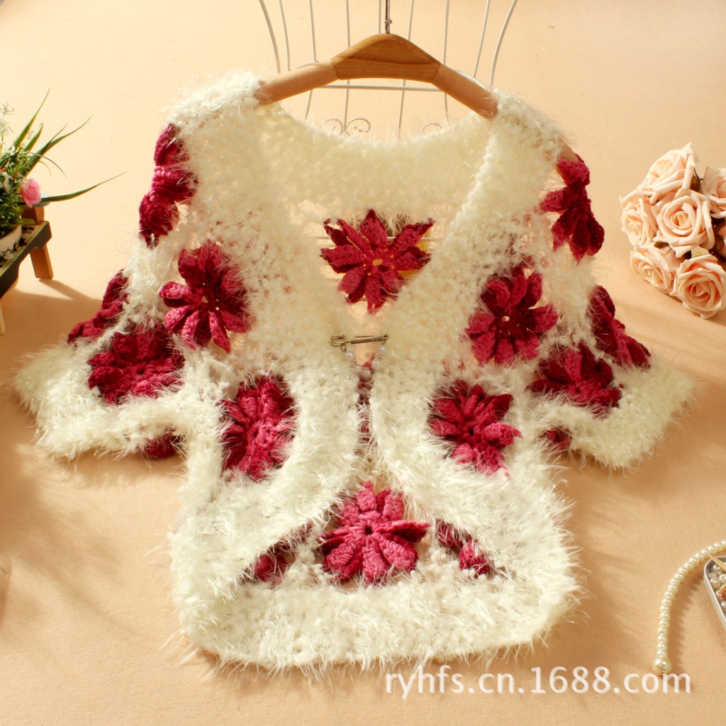 镂空罩衫 花朵拼色 <em>短袖</em>手钩<em>毛衣</em> 打底针织衫开