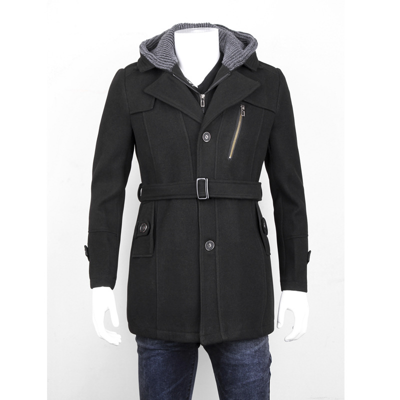 diigoo男士呢子风衣大衣 带帽中长尼子风衣 男