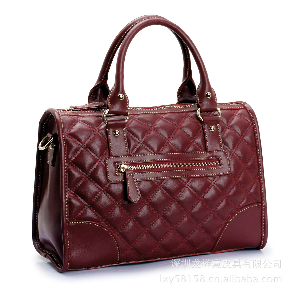 批发欧美新款时尚典雅真皮女包菱格压纹牛皮女