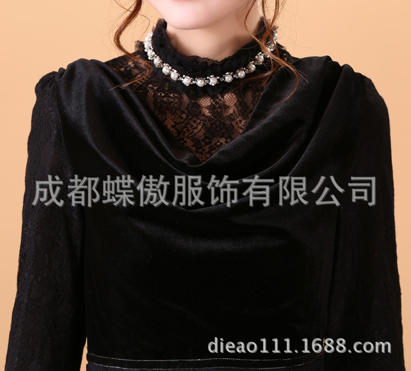 傲春季蕾丝连衣裙珍珠重工刺绣修身裙<em>金丝绒</em>长