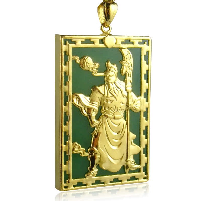 关公 金镶玉 黄金K 天然和田玉石碧玉吊坠 厂家