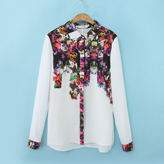 【2014<em>韩版</em>休闲印花<em>女士衬衫</em> 修身翻领雪纺开