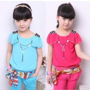童套装-童装女童夏装批发韩版七分裤套装雪纺短