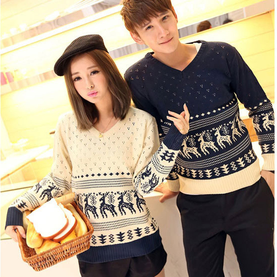 <em>情侣装</em>秋<em>冬装</em>2013新款套头小鹿<em>毛衣</em>韩版V领男