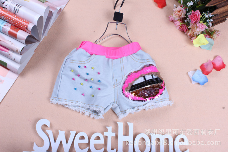 2013夏款童牛仔<em>短裤批发</em>韩版女童<em>亮片</em>骷髅头