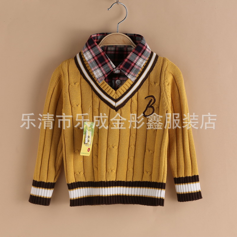 韩版体重 <em>男童V领</em>假两件针织套衫 小童衬衫领
