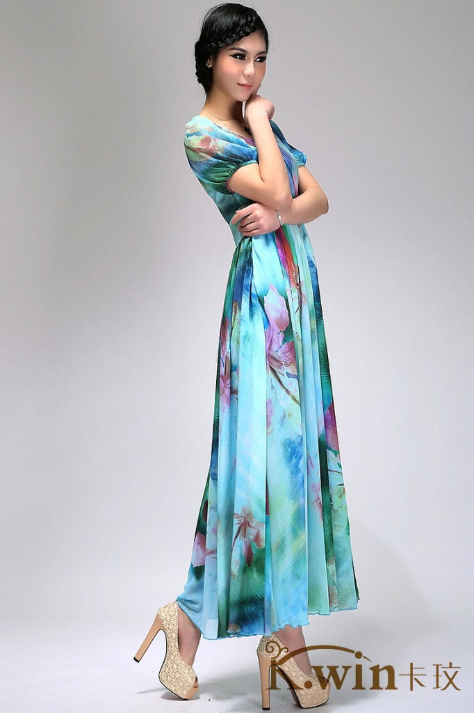 供应 时尚数码印花绿色连衣裙子优雅超长裙波