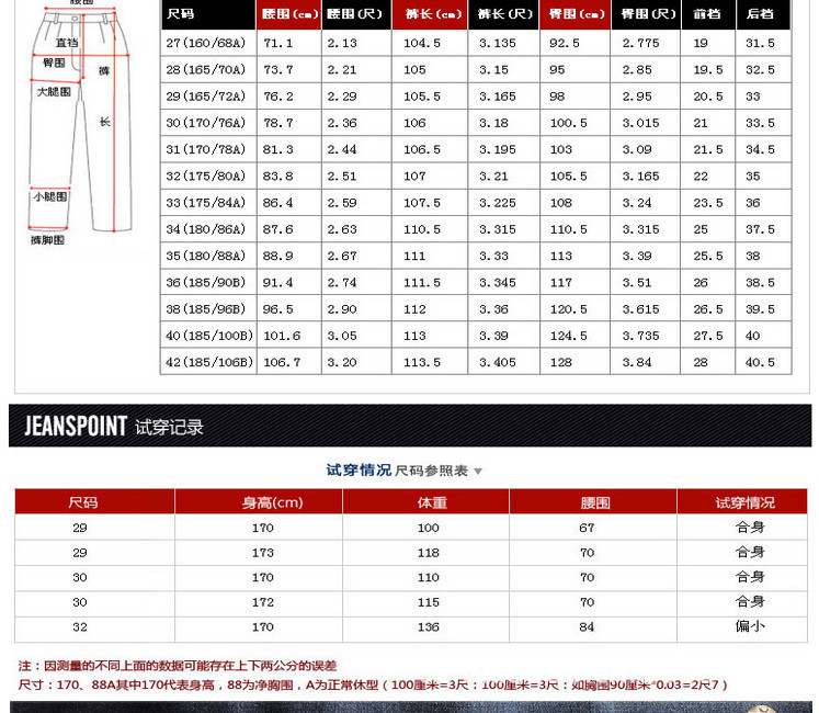 裤子码数表