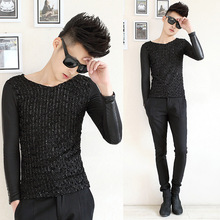 冬季新款 <em>发型师</em>必备皮料拼接男士长袖T恤 加