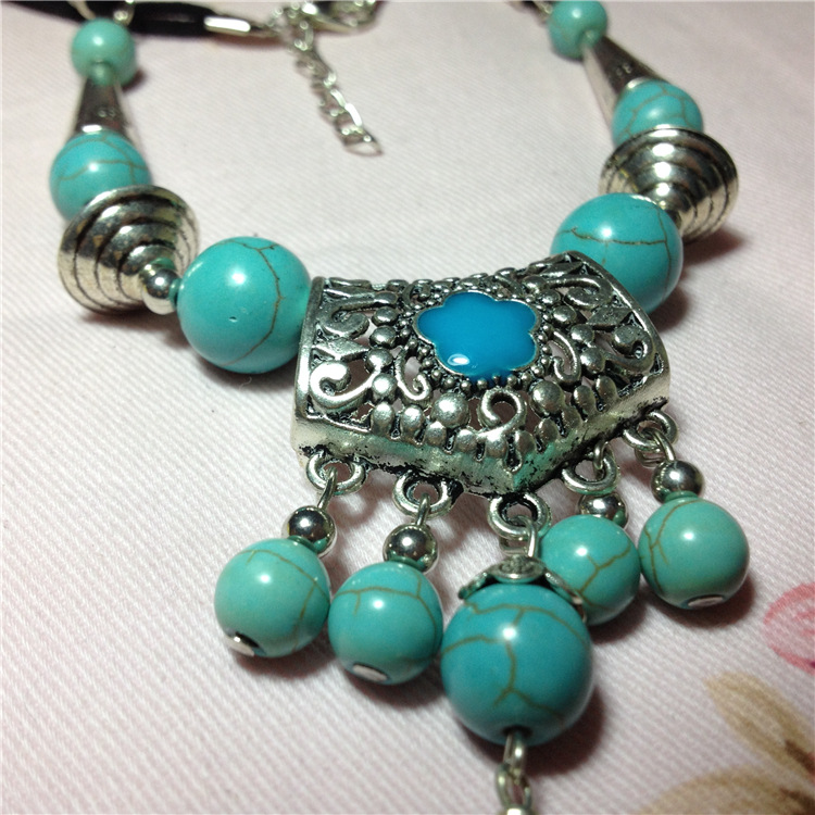 【双层皮绳项链 藏银<em>绿松石</em>配饰 长款 民族饰品