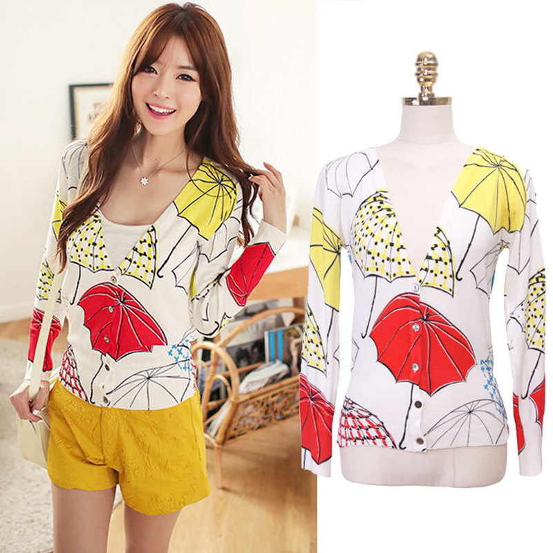 外贸原单印花图案针织开衫 小<em>毛衣外套彩色</em>雨