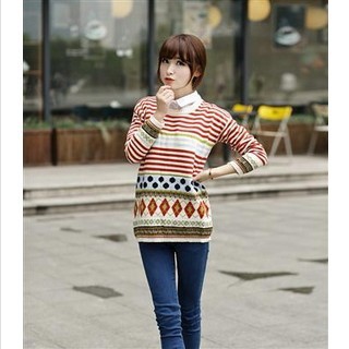 2014春装新款<em>韩版</em>女装 复古提花<em>条纹</em>套头女士