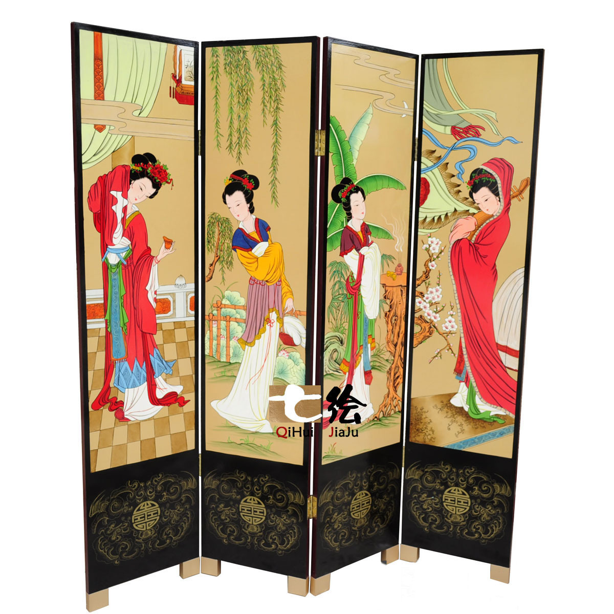 七绘家具 明清古典中式<em>四大美女</em> 金箔手绘<em>屏风</em>