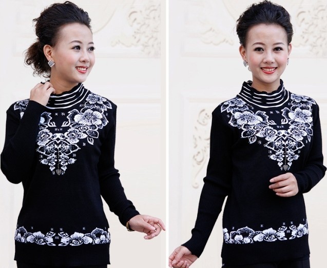 【半高领<em>打底衫毛衣</em>女士时尚<em>中年</em>提花针织衫长