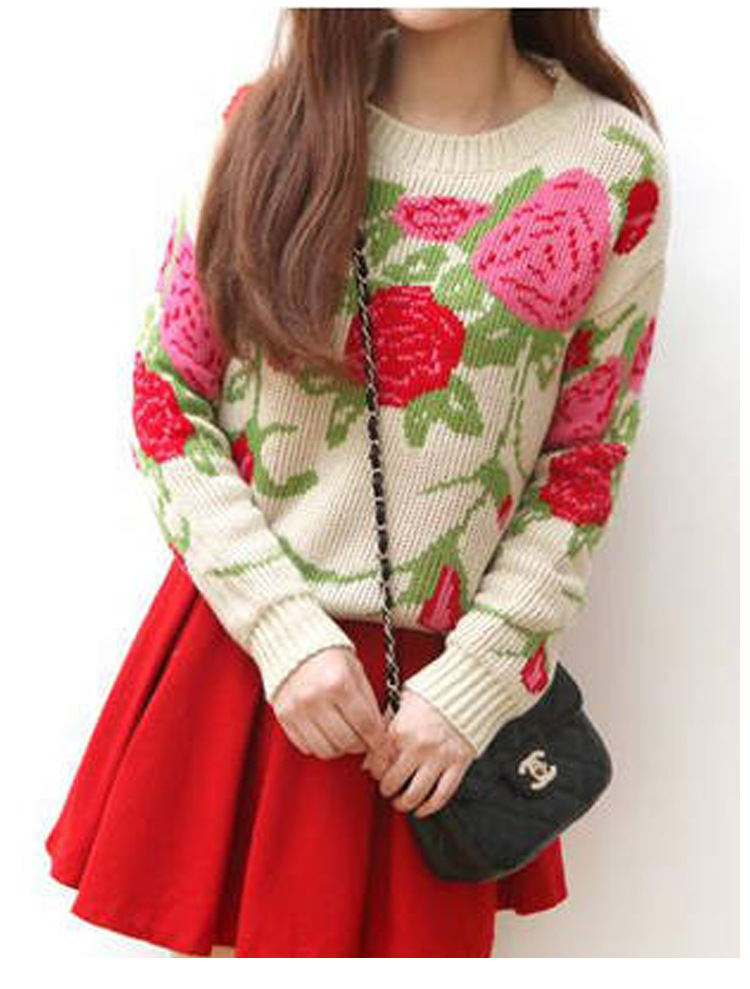 2013秋季新韩国stylenanda复古厚实玫瑰花提花针织毛线套头毛衣女
