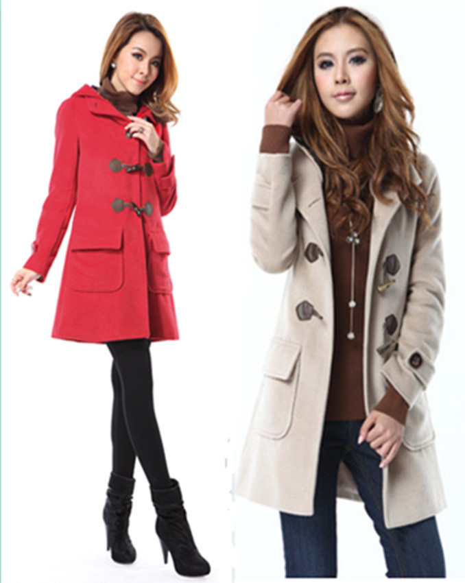 冬装新款女装牛角扣连帽<em>韩版修身</em>呢子<em>大衣</em>毛呢