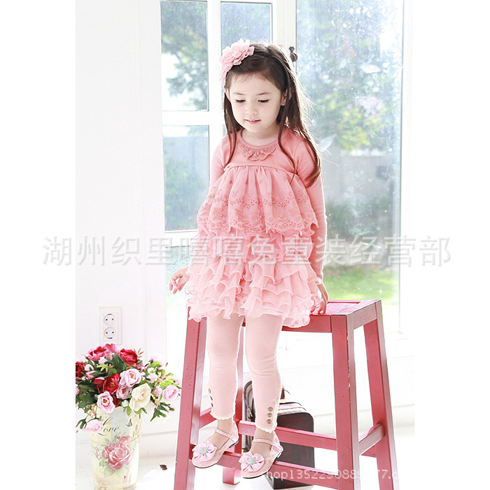 韩国女孩上衣童装女童蕾丝网纱长袖纯棉T恤 儿