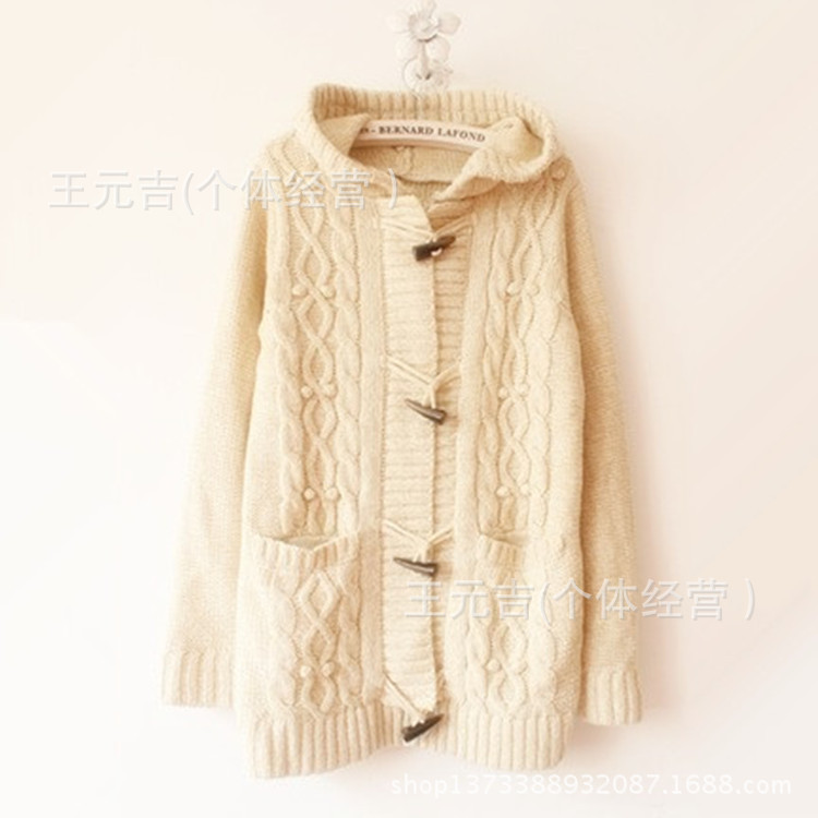 外贸<em>原单</em> 连帽麻花牛角扣 <em>开衫</em>拉链<em>外套毛衣</em>针