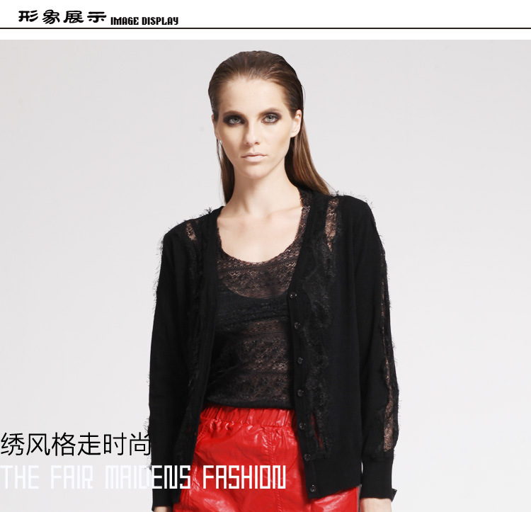 2013秋装 时尚百搭黑色钩花蕾丝镂空<em>针织</em>衫 女