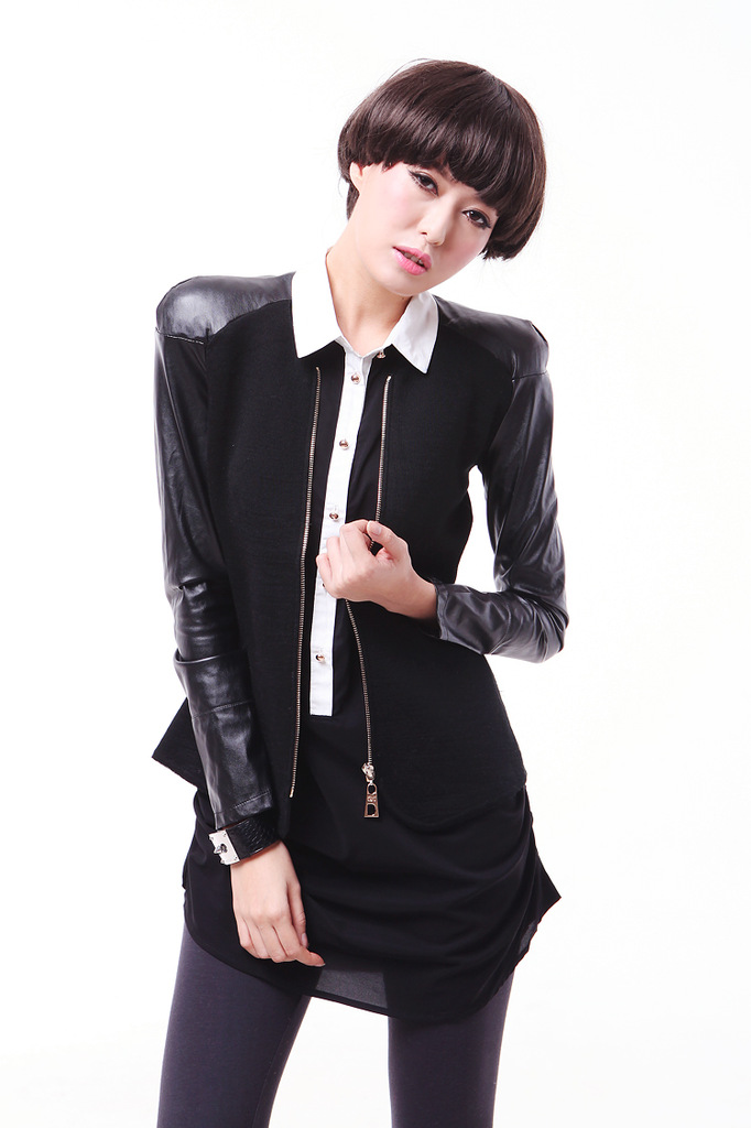 2013春款新品时尚欧美皮袖<em>款毛衣开衫</em> 时尚金