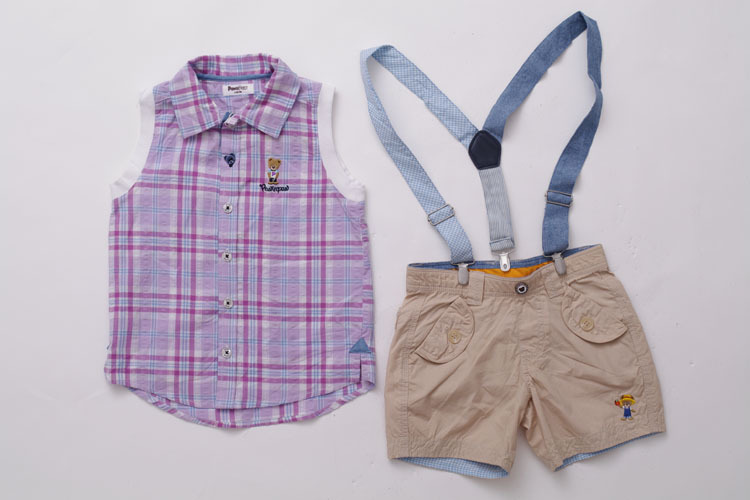 童装 男童紫色格子背心+吊带短裤 图片
