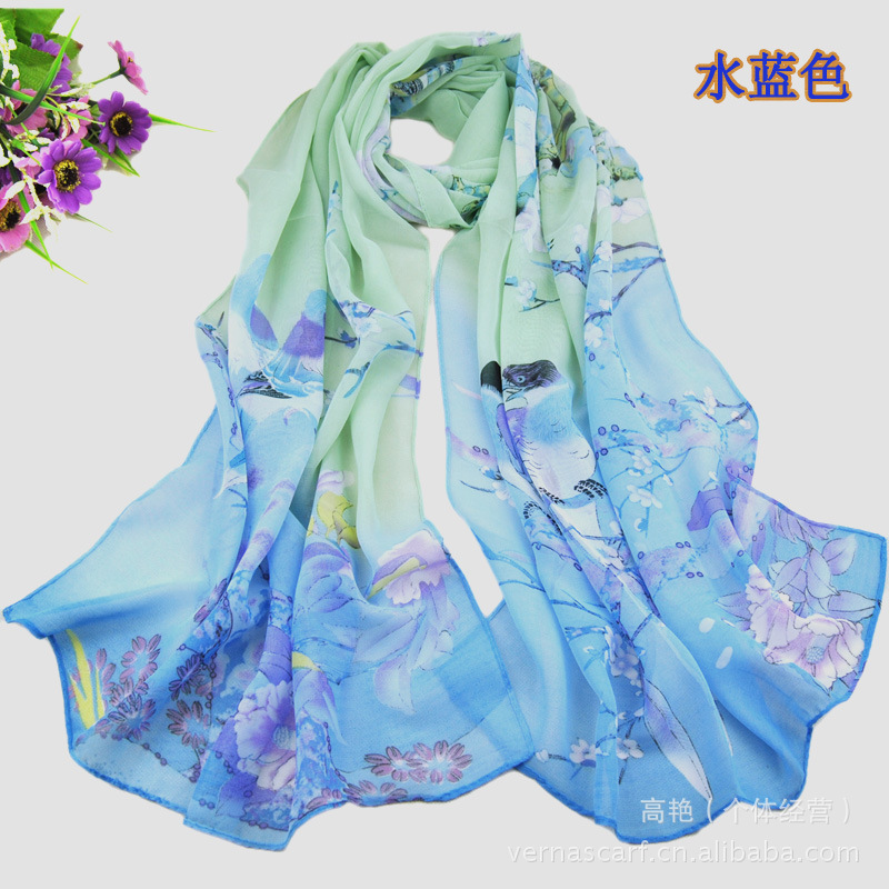 中国风花喜鹊雪纺丝巾 杭州厂家直销外贸丝巾