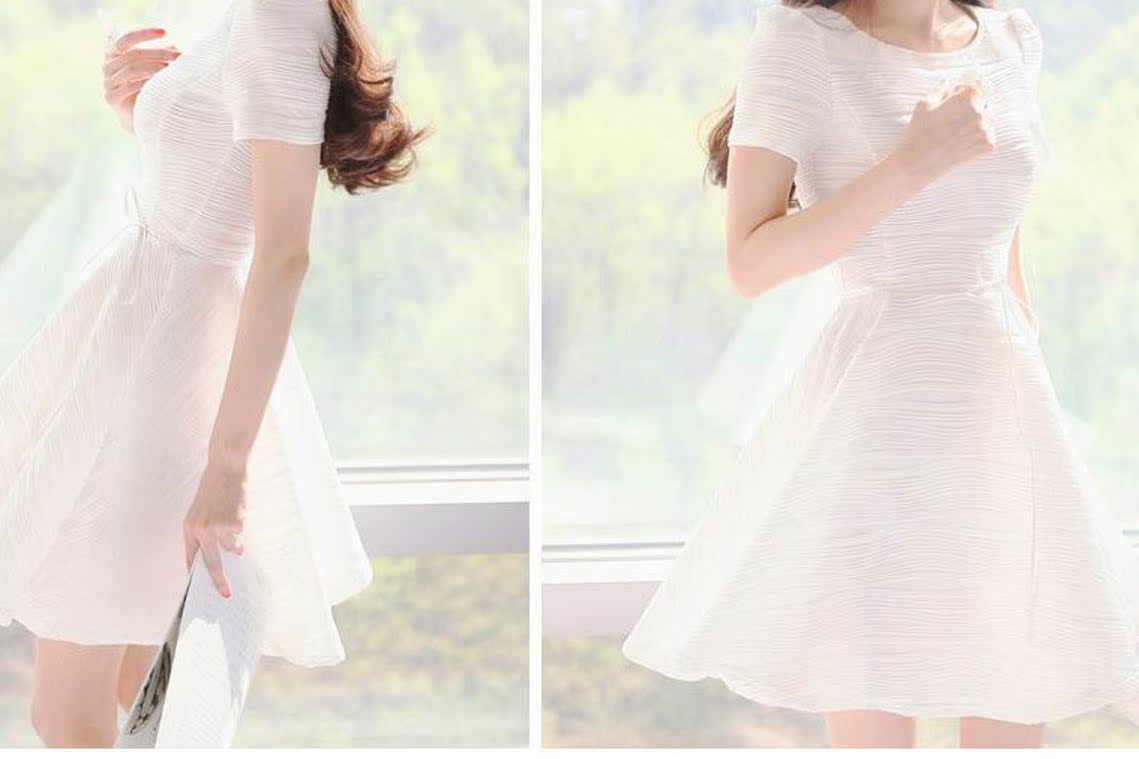 1623# 韩国夏装新款 <em>白色</em>褶皱高腰显瘦<em>连衣裙</em>