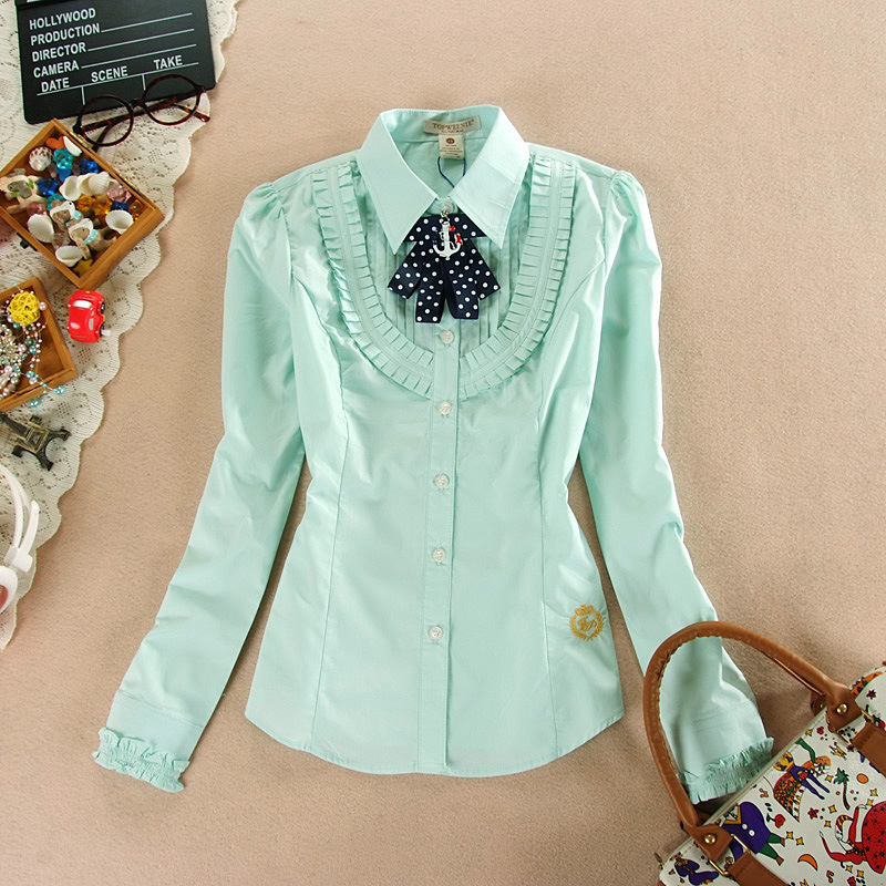 装小熊维尼百褶花边领结纯棉长袖<em>少女装衬衫</em>白