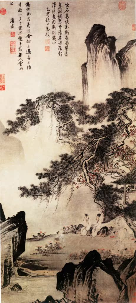供应国画 东篱赏菊图唐寅 松树亭台古诗书法字画批发 丝绸画定做