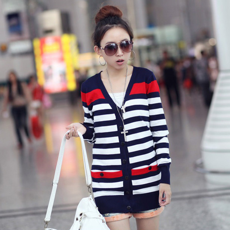 【<em>新款</em>加长条纹<em>开衫 新款上市</em> 修身长款<em>女式</em>针